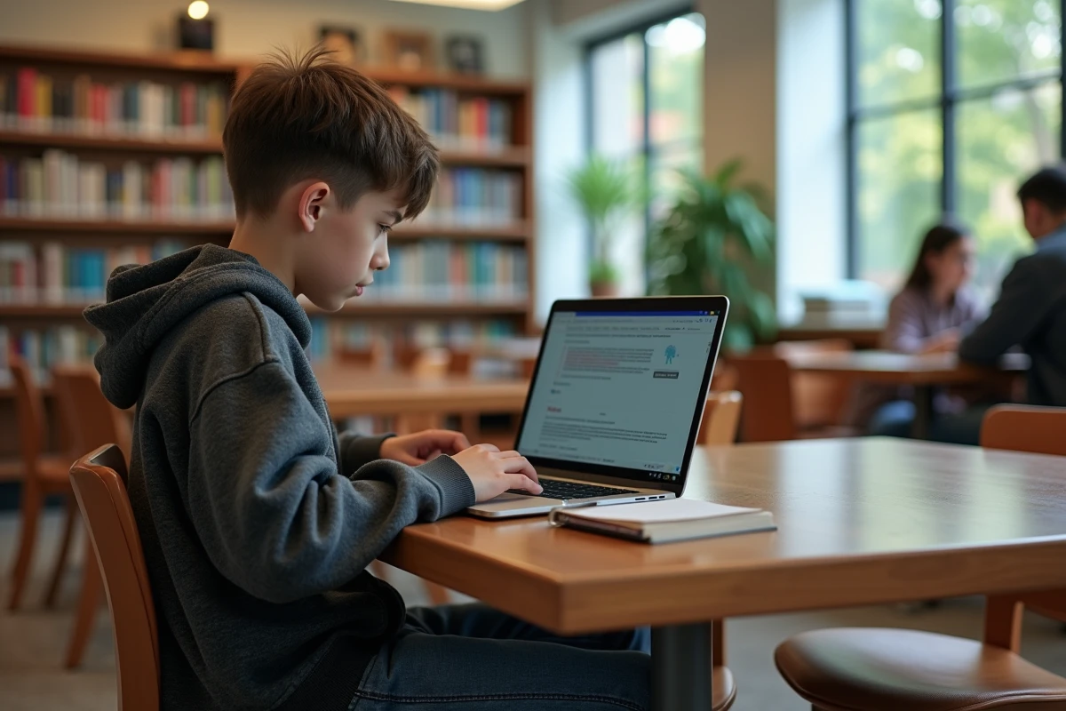 Adolescent regardant manga sur ordinateur dans une biblioth&egrave;que