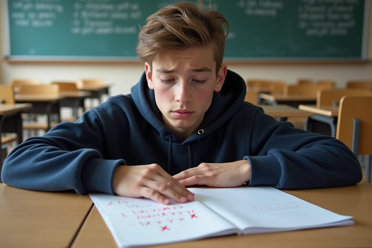 Adolescent perplexe regardant une copie corrigée avec une faute d'orthographe soulignée en rouge dans une salle de classe