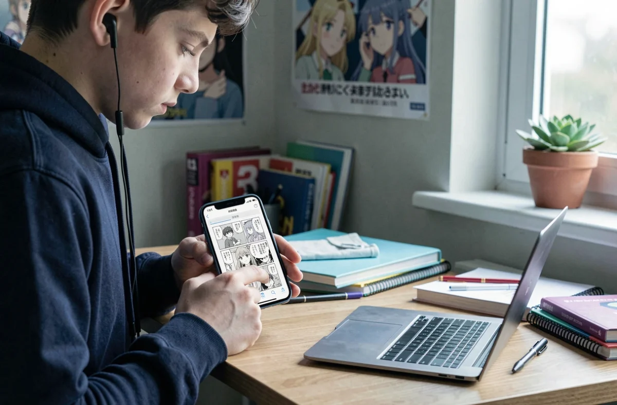 Adolescent lisant un scan de manga sur smartphone dans sa chambre d'étudiant avec interface de lecture mobile