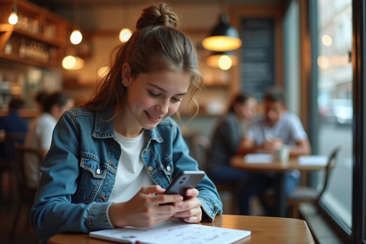 Adolescente dans un café examinant son smartphone et un carnet