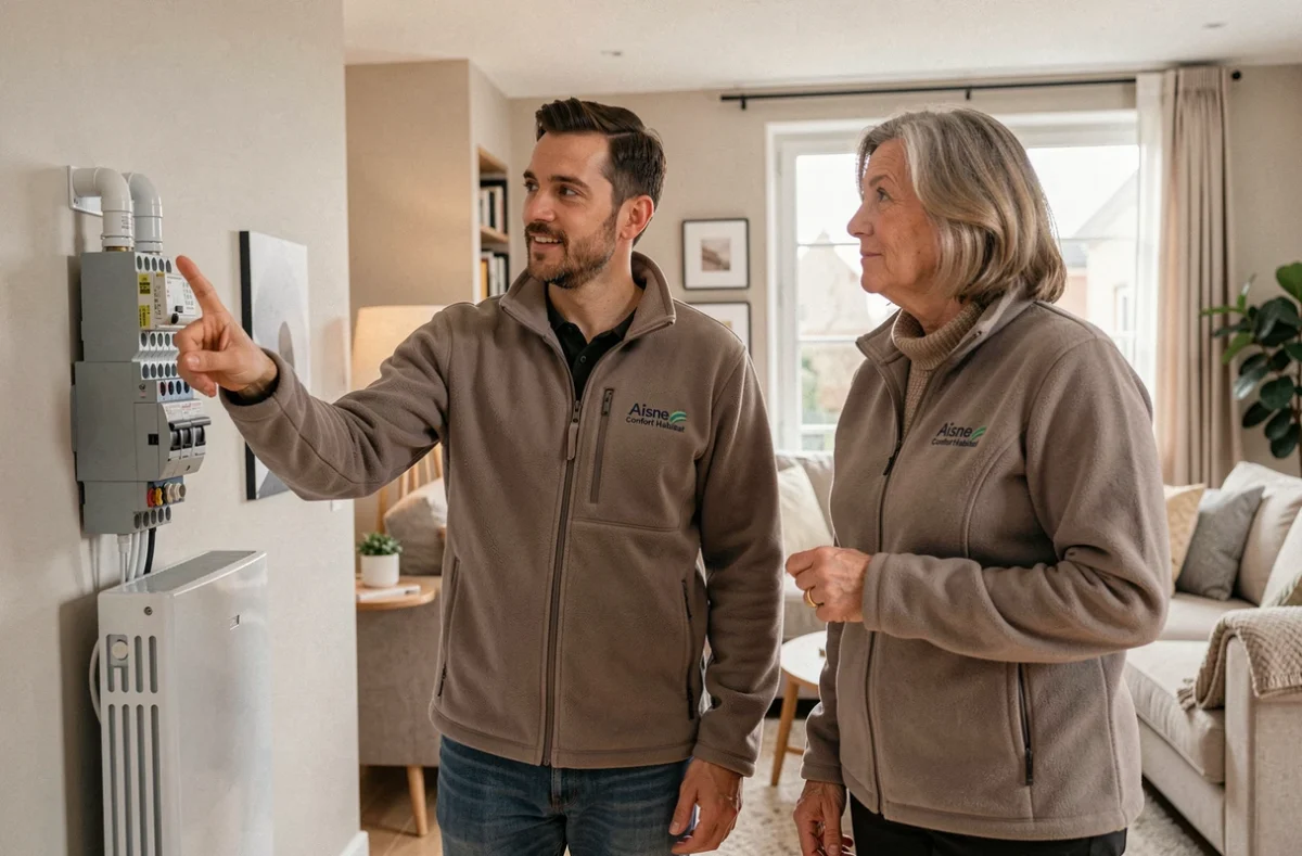 Spécialiste d'Aisne Confort Habitat conseillant une cliente sur un système de chauffage électrique installé dans un salon
