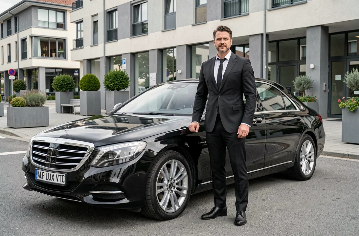 Chauffeur ALP LUX VTC en costume noir posant devant une Mercedes-Benz S-Class noire dans le centre-ville de Grenoble
