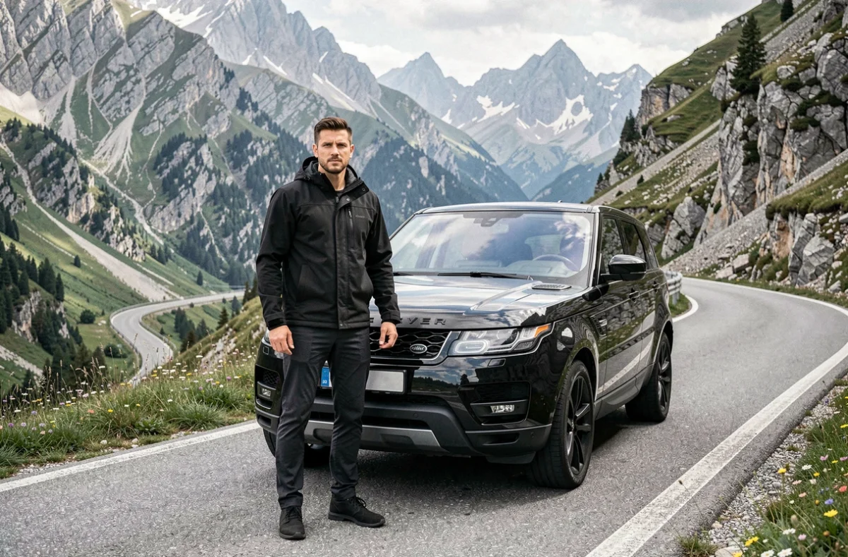 Chauffeur d'Alp Venture Private Transfers à côté d'un Range Rover Sport noir sur un col alpin de l'Isère
