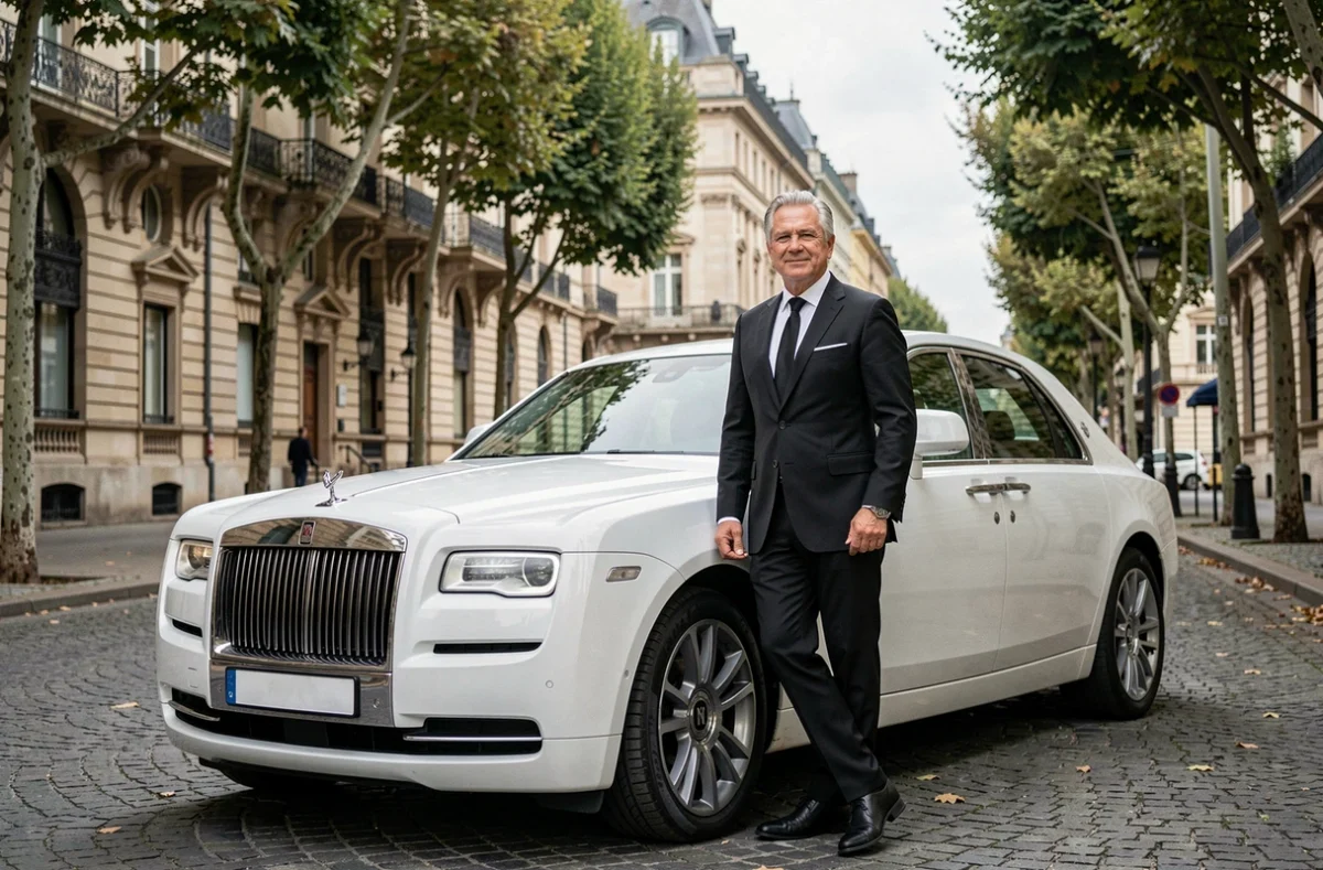 Chauffeur d'Alpes Luxury Cars en costume noir devant une Rolls-Royce Ghost blanche sur un boulevard haussmannien de Grenoble