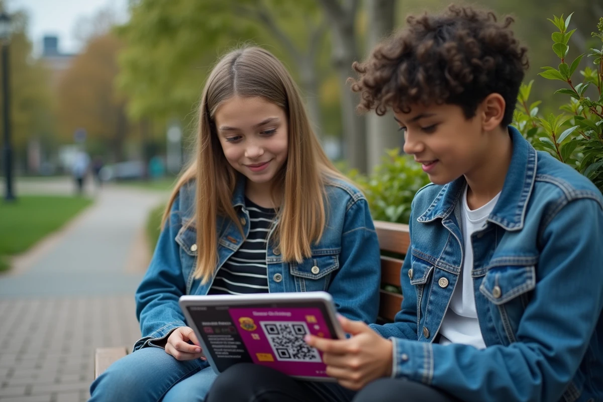 Deux adolescents regardant ensemble un code QR Brawl Stars valide sur une tablette dans un parc