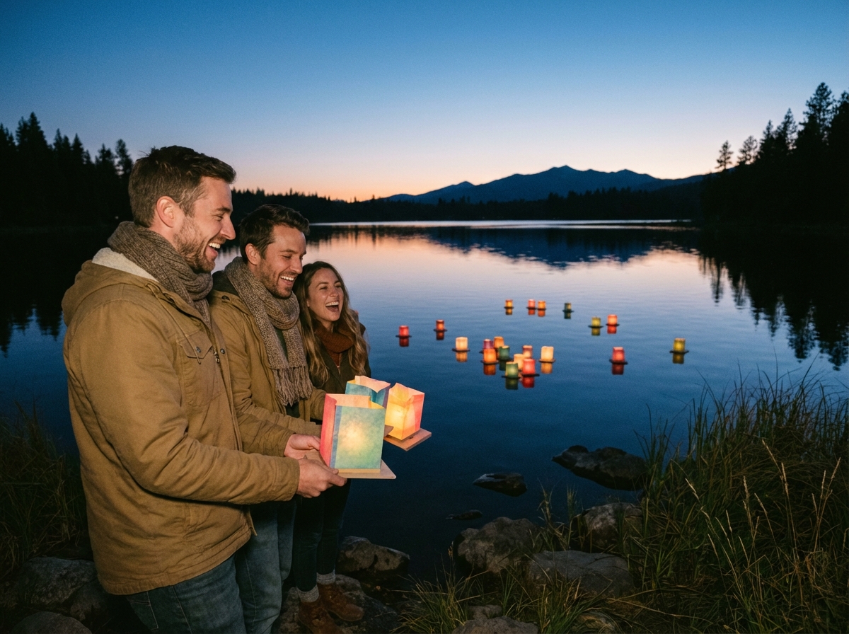 Trois amis relâchant des lanternes colorées au bord du lac