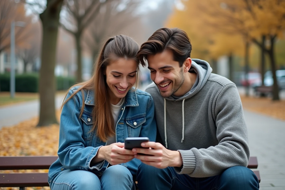 Deux amis lisant des scans manga sur smartphone ensemble dans un parc urbain en automne