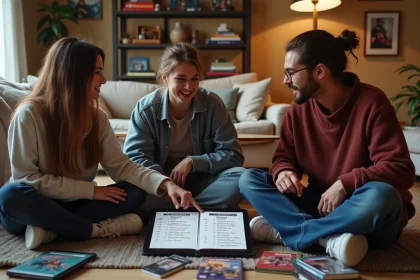 Groupe d'amis discutant devant une tablette avec listes Marvel
