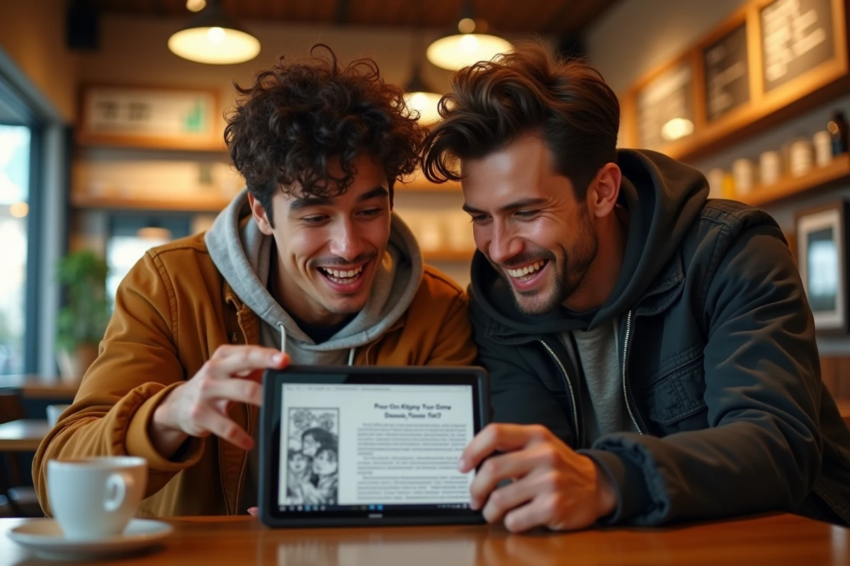 Deux amis découvrant ensemble un scan manga One Piece sur tablette dans un café sans interruption publicitaire