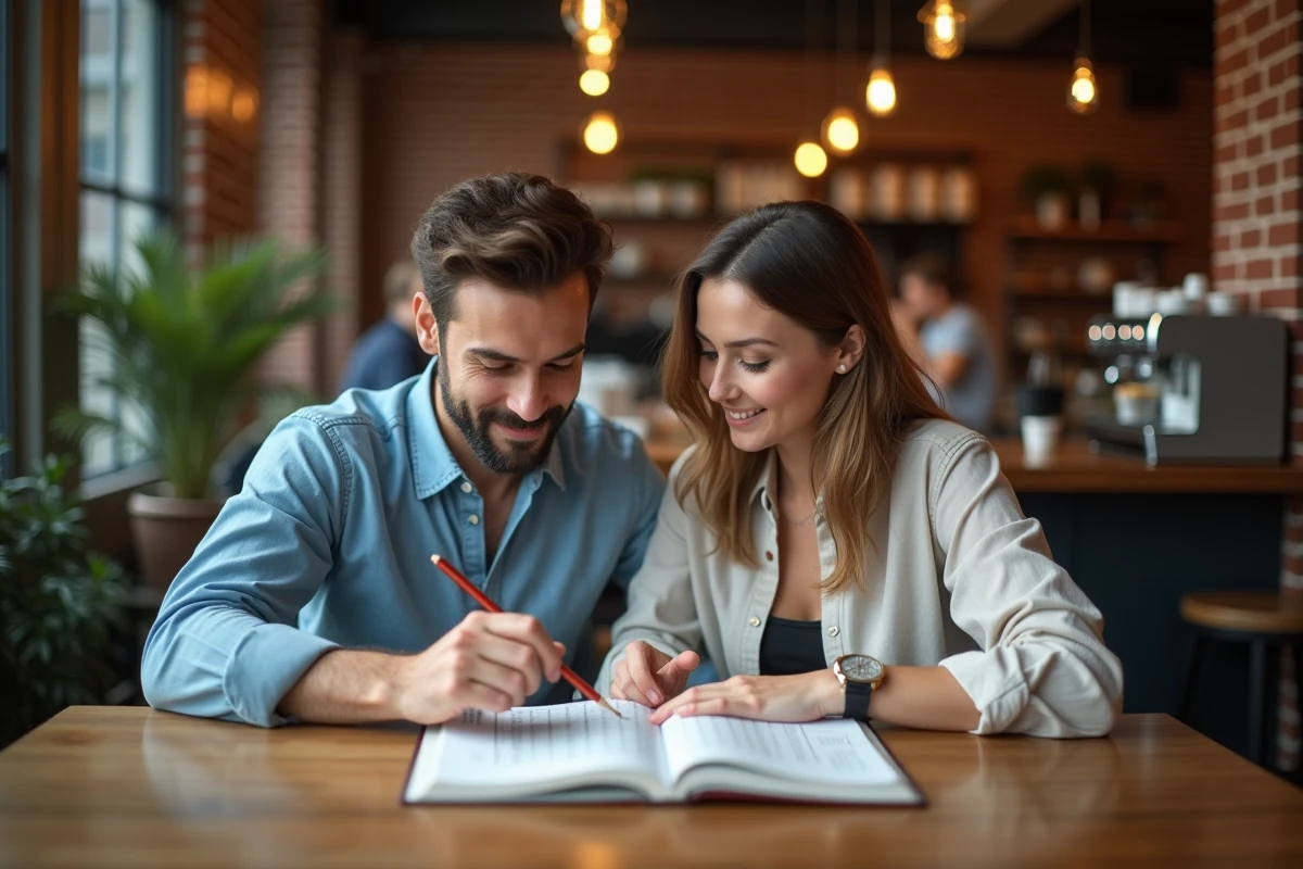 Deux amis collaborant sur un puzzle sudoku difficile dans un café urbain