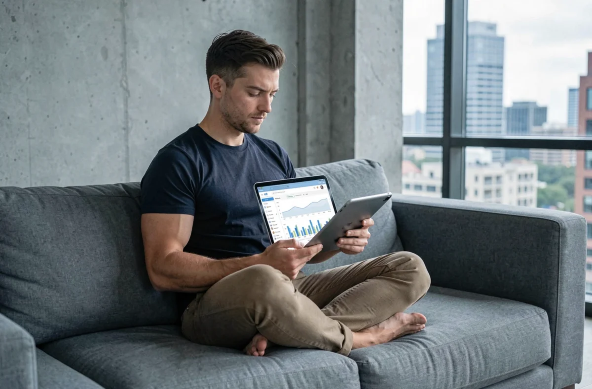 Homme analysant les statistiques TikTok pour optimiser les heures de publication sur tablette