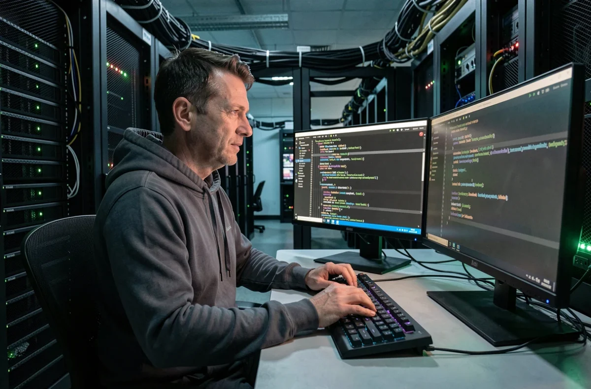 Analyste en cybersécurité dans une salle de serveurs enquêtant sur des fuites de données numériques