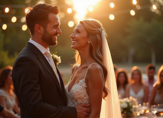Couple heureux pour leur huitieme anniversaire en plein air