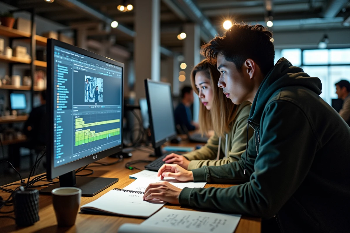 Deux jeunes créatifs apprenant ensemble le visual jockey en autodidacte dans un espace de co-working avec logiciel VJ et notes de travail
