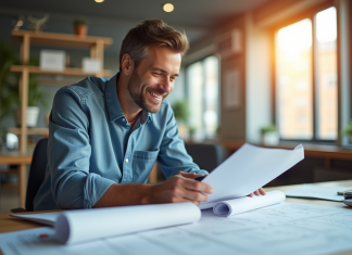 Architecte souriant examinant des plans dans un bureau moderne