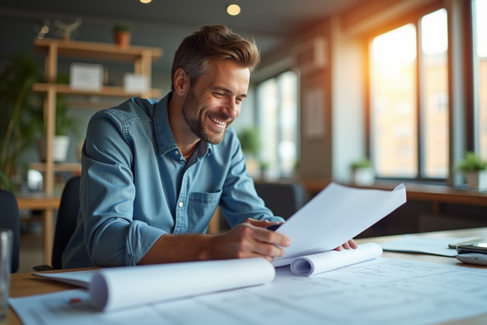 architecte-aperu-projets Architecte souriant examinant des plans dans un bureau moderne