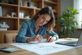 Femme architecte en train de mesurer un plan architectural