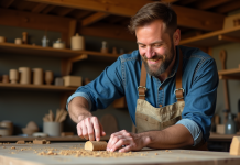 Offrir un atelier authentique : le cadeau viril et unique Homme artisan sculptant du bois dans un atelier traditionnel