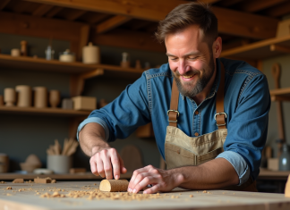 Offrir un atelier authentique : le cadeau viril et unique Homme artisan sculptant du bois dans un atelier traditionnel