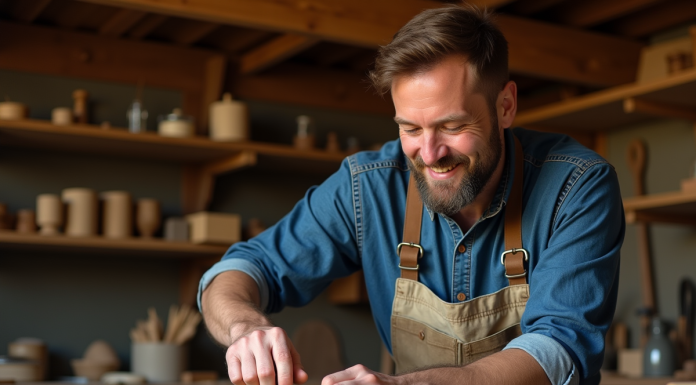 Homme artisan sculptant du bois dans un atelier traditionnel