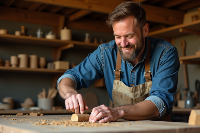 artisan-carving-wood Homme artisan sculptant du bois dans un atelier traditionnel