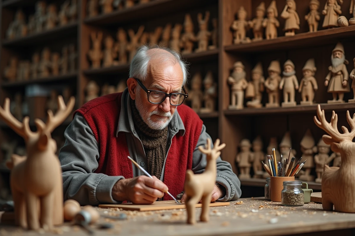Artisan âgé peignant une figurine de renne en bois dans un atelier traditionnel de Noël