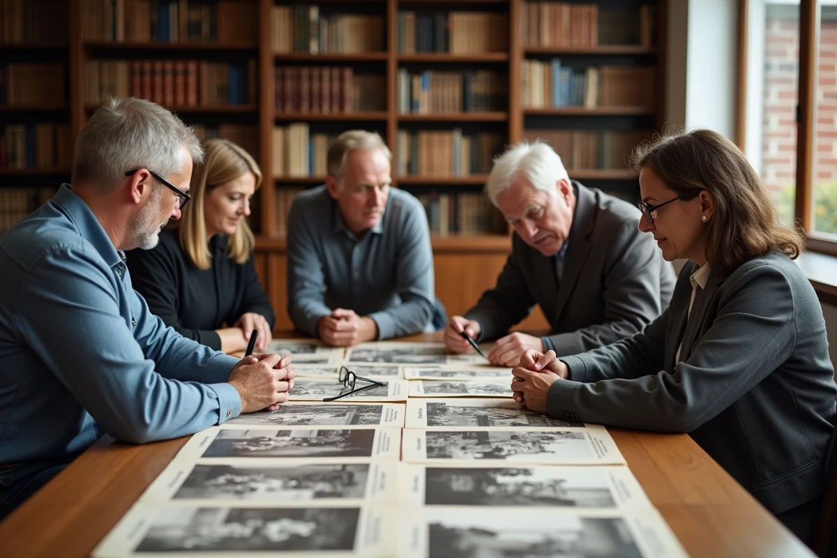 Membres d'une association patrimoniale étudiant des archives militaires et photographies historiques lors d'une réunion