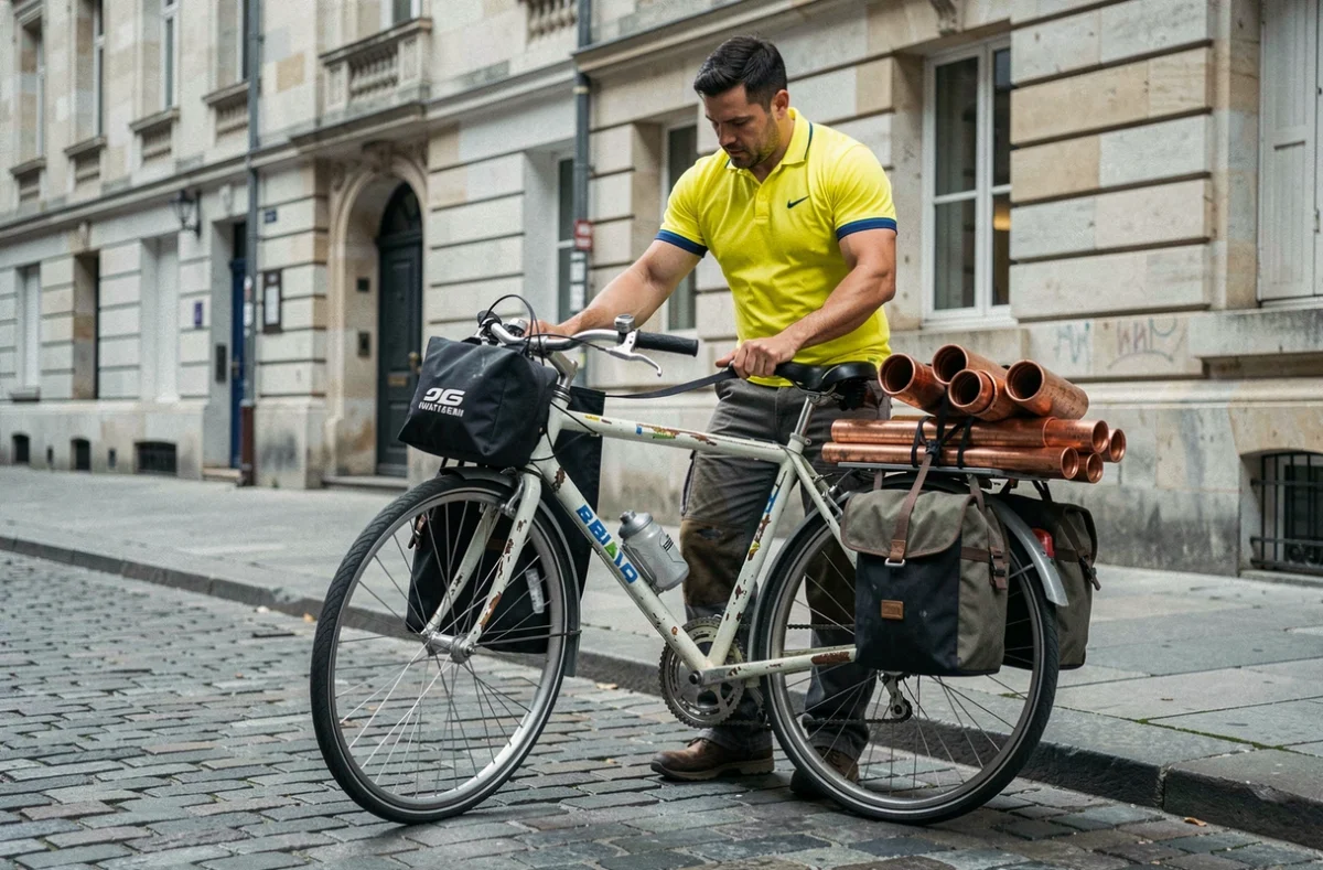 Plombier à vélo avec son vélo cargo chargé d'outils de plomberie dans les rues pavées de Reims