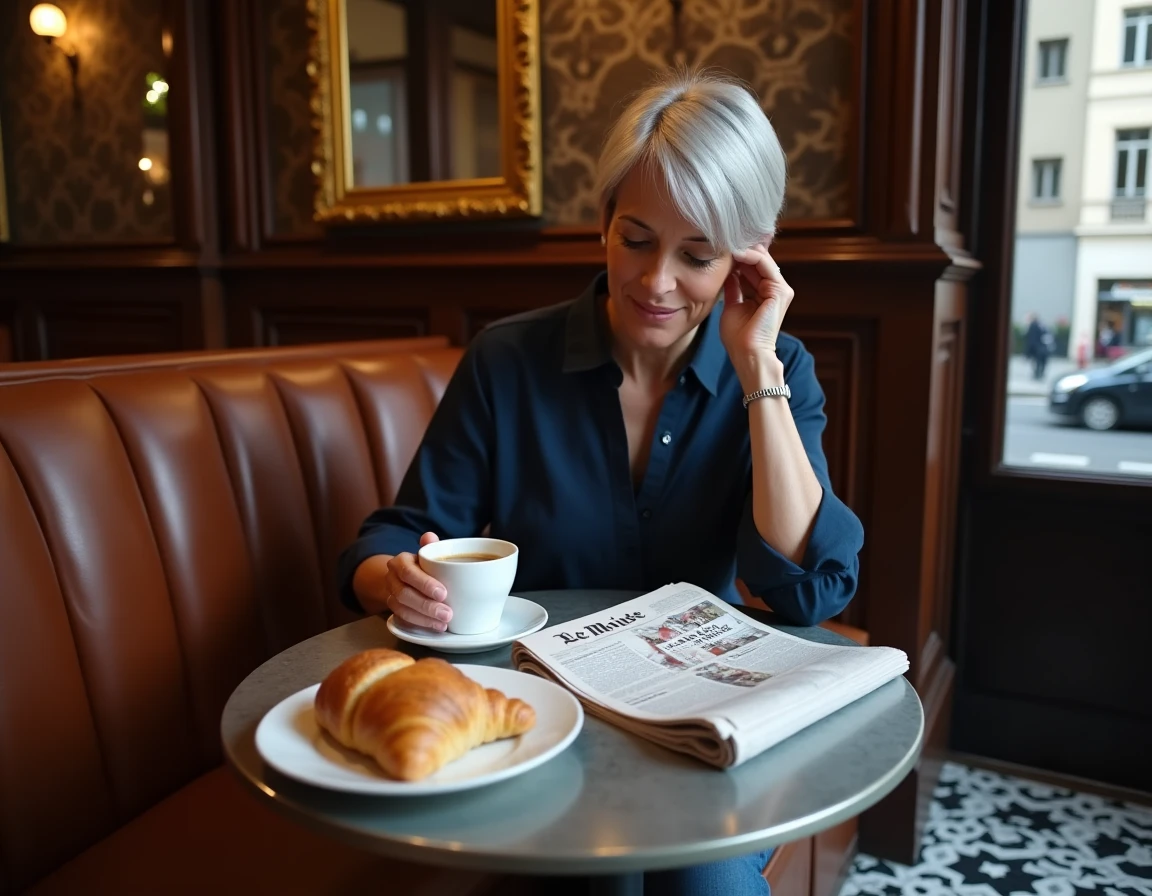 Femme attablée dans un bistrot parisien typique près de la Porte de Vanves dégustant un café et un croissant dans une atmosphère chaleureuse et authentique