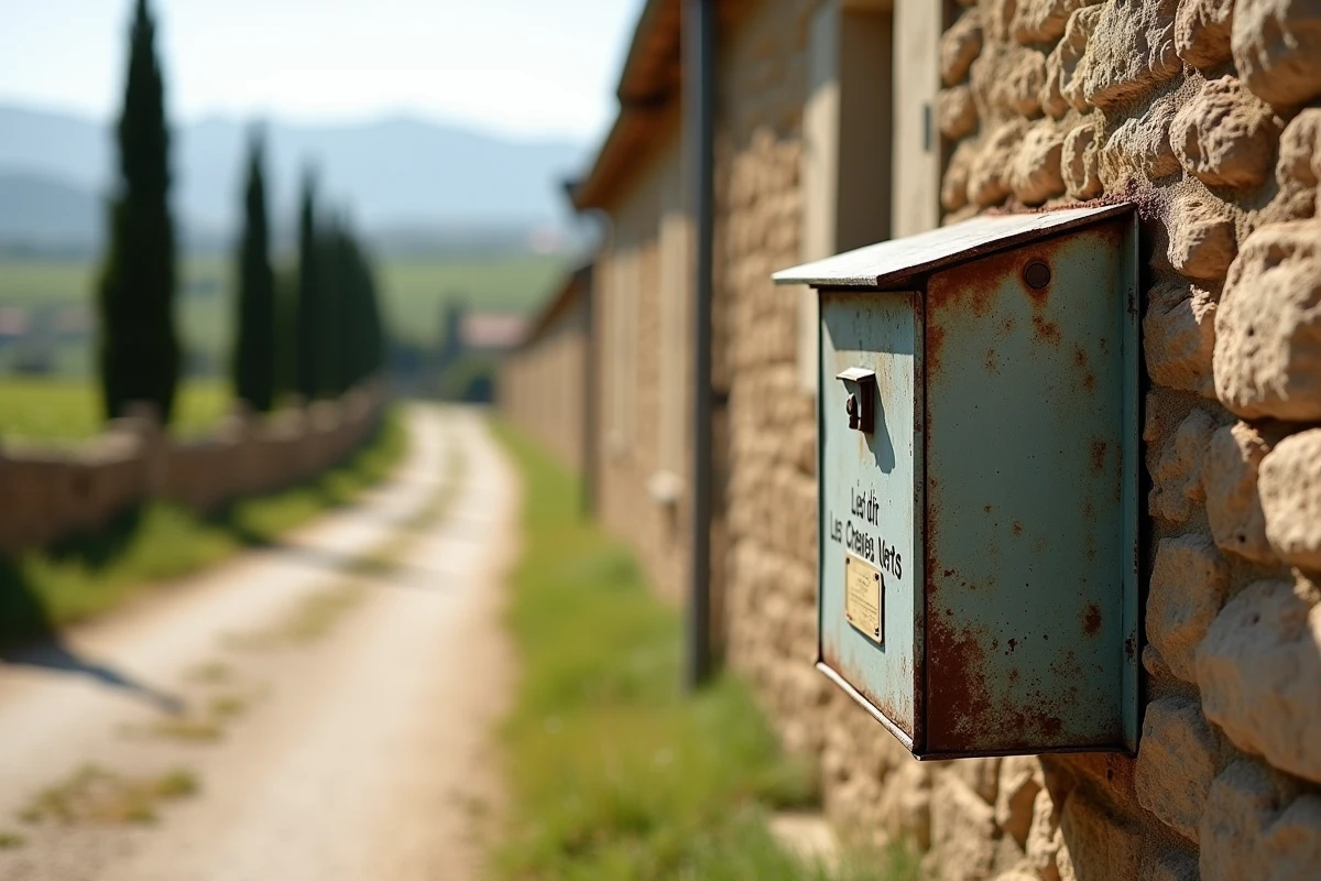 Boîte aux lettres avec adresse en lieu-dit sur un mur de pierre dans une rue rurale en France