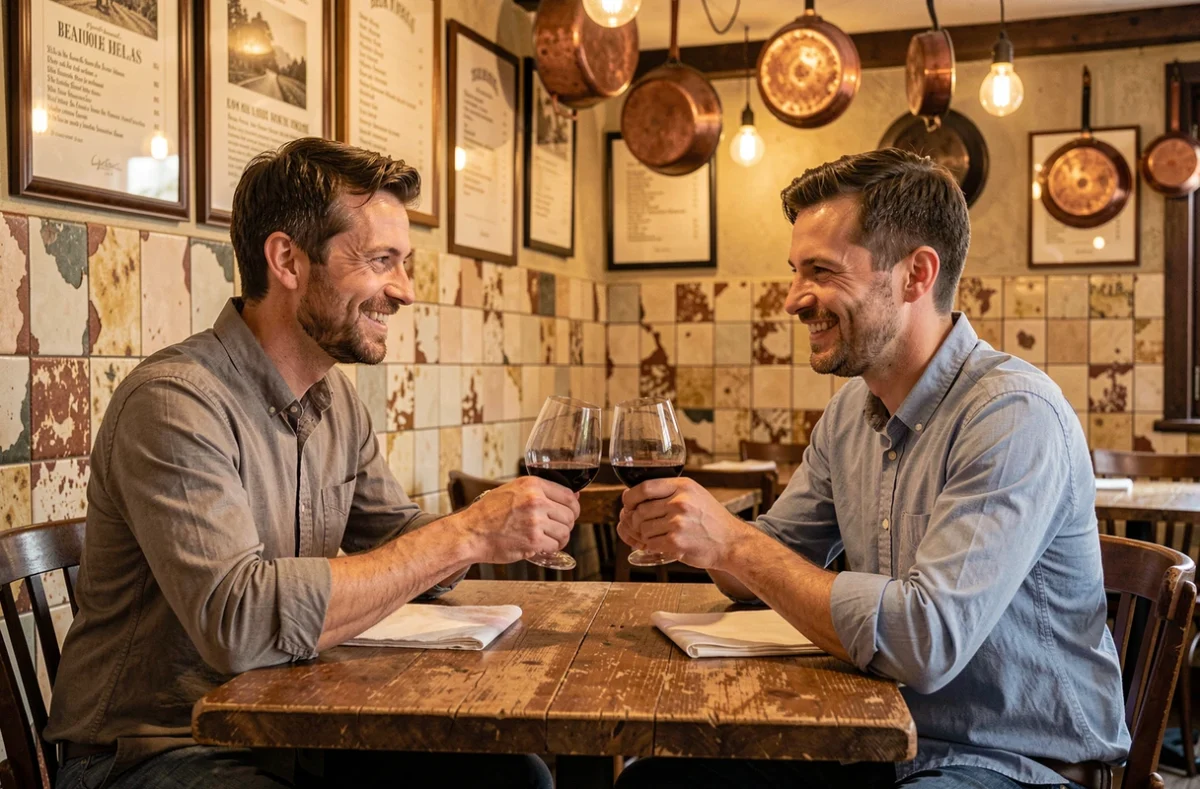 Deux hommes trinquant au vin dans un bouchon lyonnais traditionnel, soirée conviviale à Lyon sans se ruiner