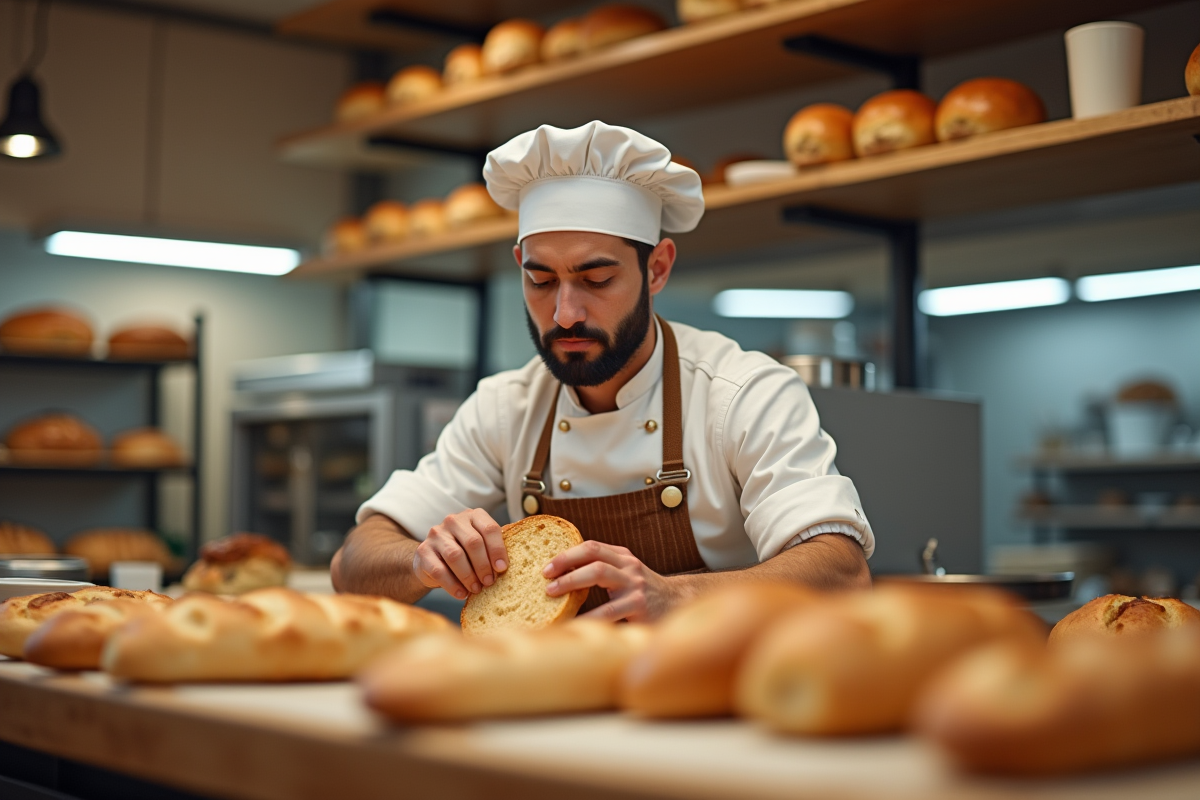Boulanger disposant du pain frais dans une boulangerie lumineuse