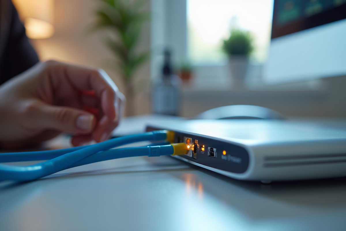 Main branchant un cable fibre optique sur un modem moderne