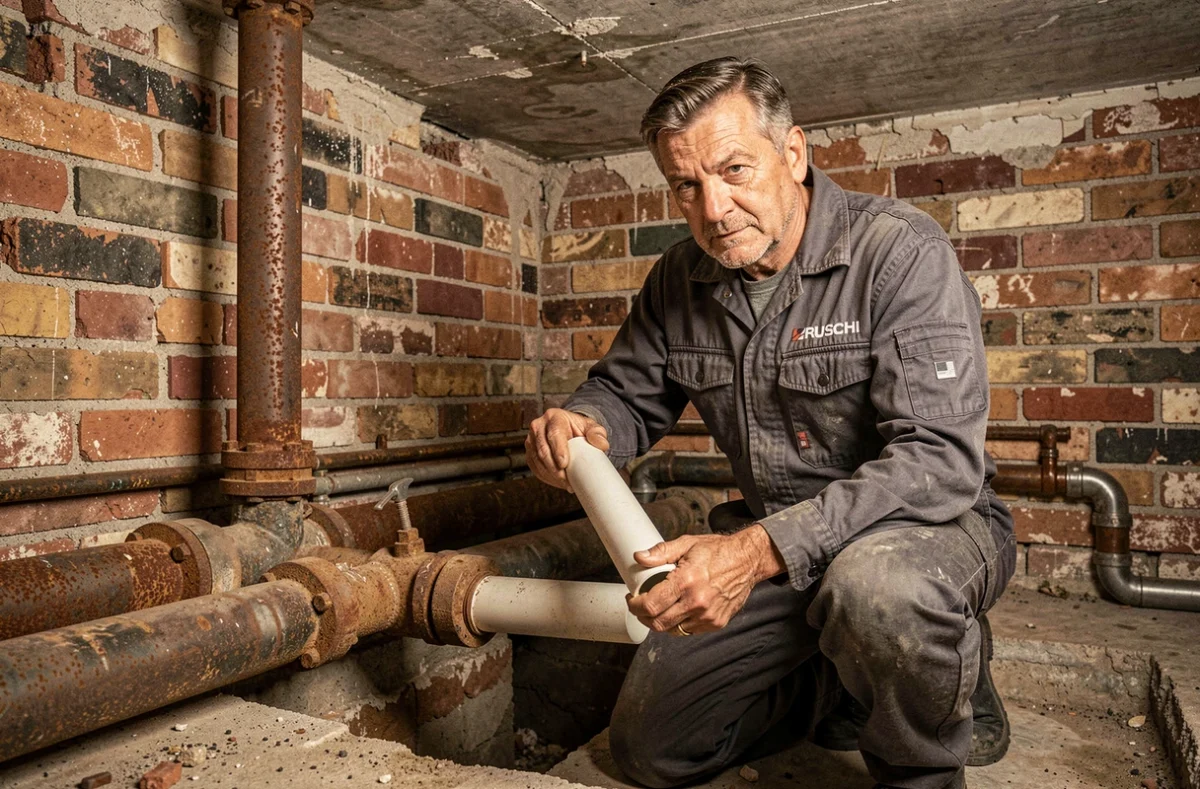 Plombier Bruschi remplaçant des canalisations corrodées dans un sous-sol d'un bâtiment ancien de Reims