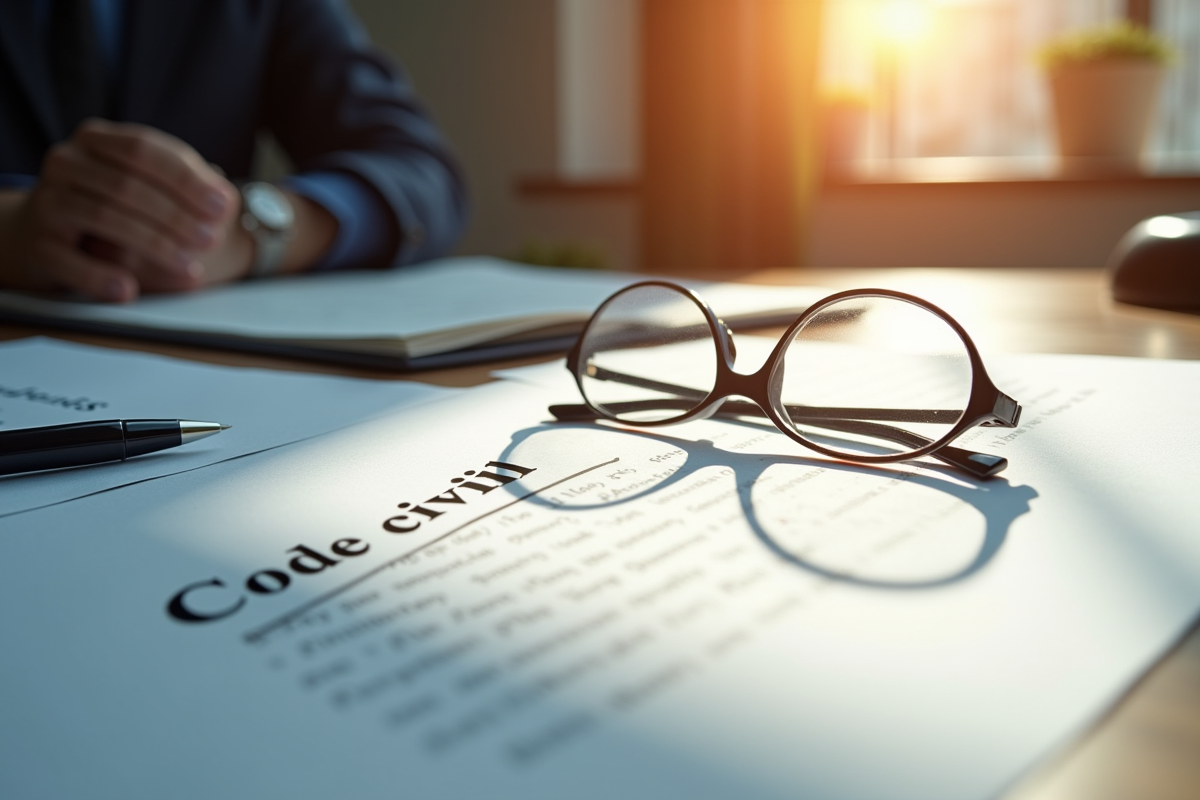 Bureau avec documents juridiques et lunettes sur le code civil