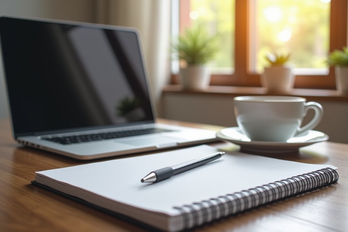 Espace de travail organisé avec ordinateur et café