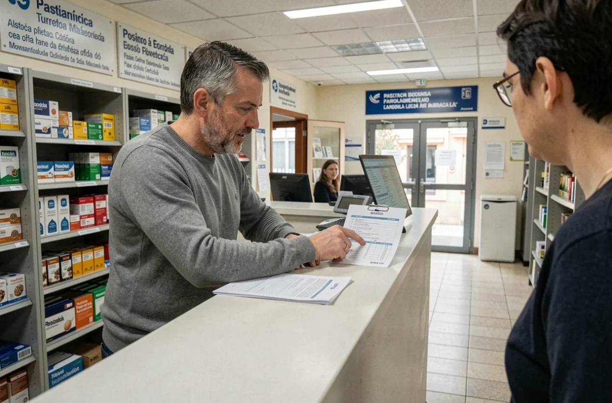 Homme vérifiant un code postal espagnol au guichet d'un bureau de poste à Barcelone