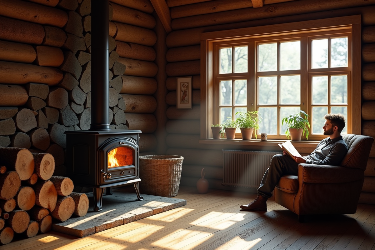 Intérieur rustique avec poêle ancien et personne lisant
