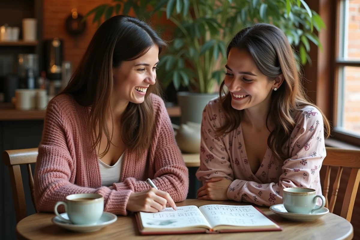 Deux femmes dans un café discutant de la signification du nombre 2220 et des signes de flamme jumelle
