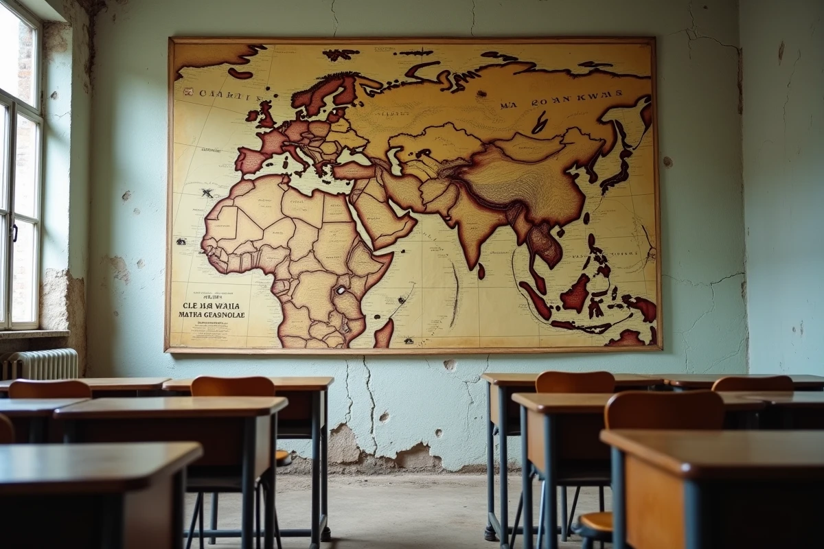 Ancienne carte géographique murale de la Turquie dans une salle de classe turque montrant le positionnement entre Europe et Asie