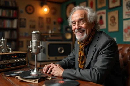 Chanteur français dans un studio vintage avec micro et vinyles