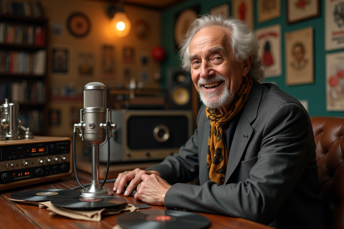Chanteur français dans un studio vintage avec micro et vinyles