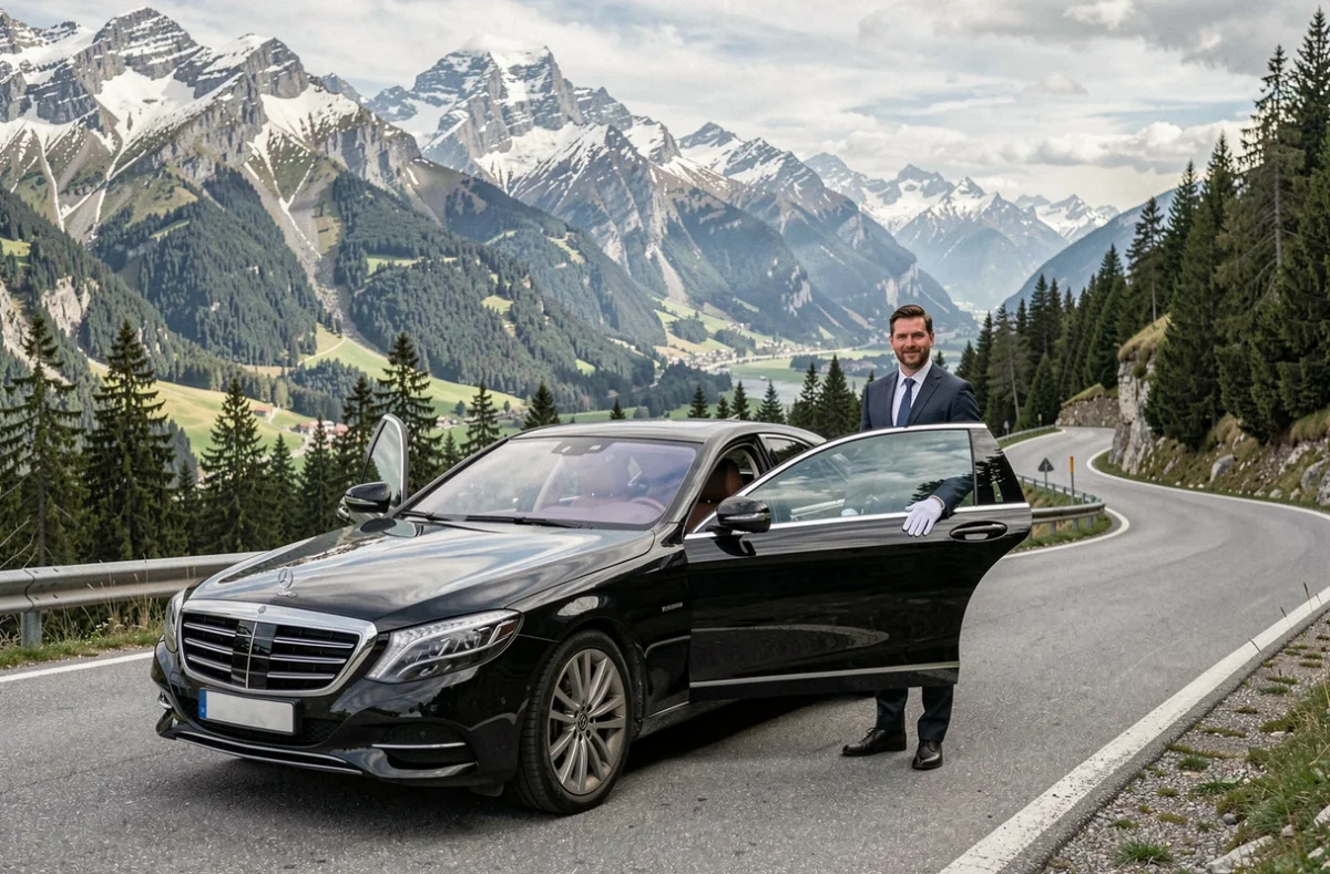 Chauffeur VTC professionnel en costume noir devant une berline de luxe sur une route alpine en Isère avec des sommets enneigés en arrière-plan