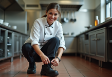 Trouver les meilleures chaussures de sécurité antidérapantes pour la cuisine : des options performantes et confortables Chef femme en cuisine attachant ses chaussures dans une cuisine professionnelle