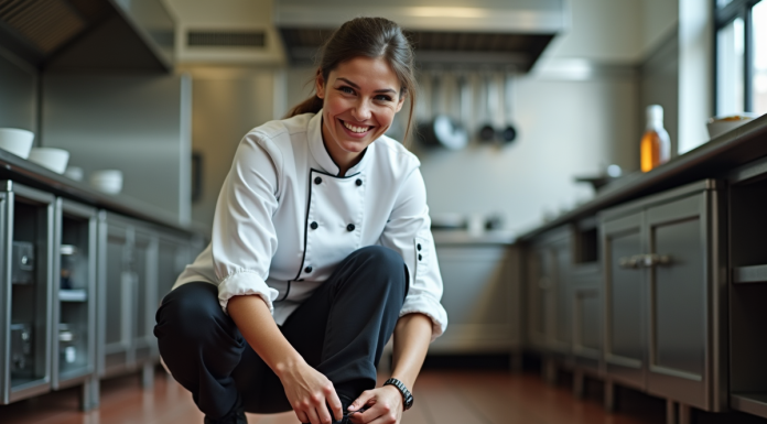 Chef femme en cuisine attachant ses chaussures dans une cuisine professionnelle