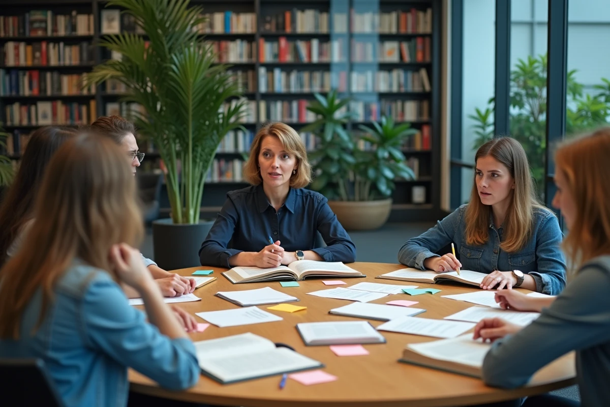 Chercheurs en débat autour d'une table dans une bibliothèque universitaire moderne