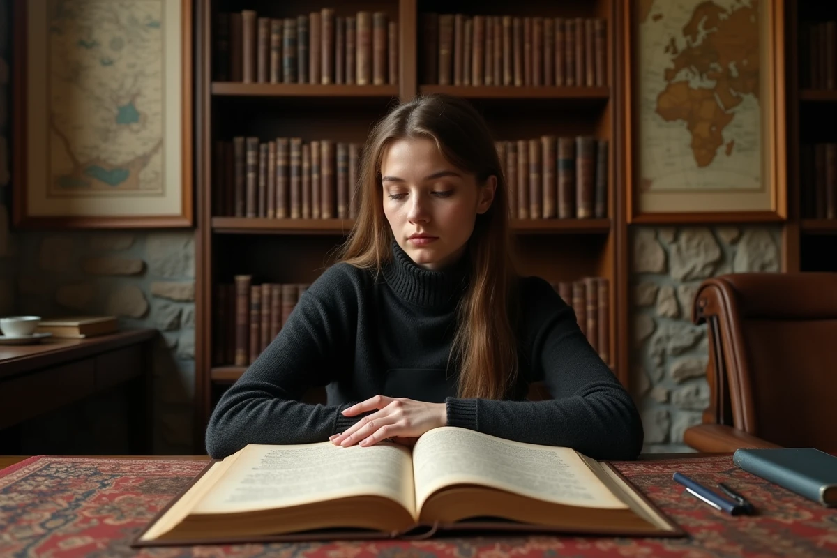 Jeune chercheuse consultant un ancien ouvrage annoté dans une salle d'archives historiques