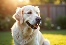Golden retriever blanc dans un jardin ensoleille