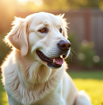 Les particularités du golden retriever de couleur blanche Golden retriever blanc dans un jardin ensoleille