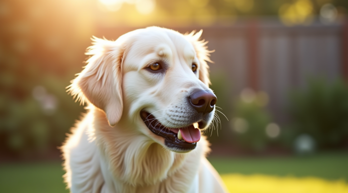 Golden retriever blanc dans un jardin ensoleille